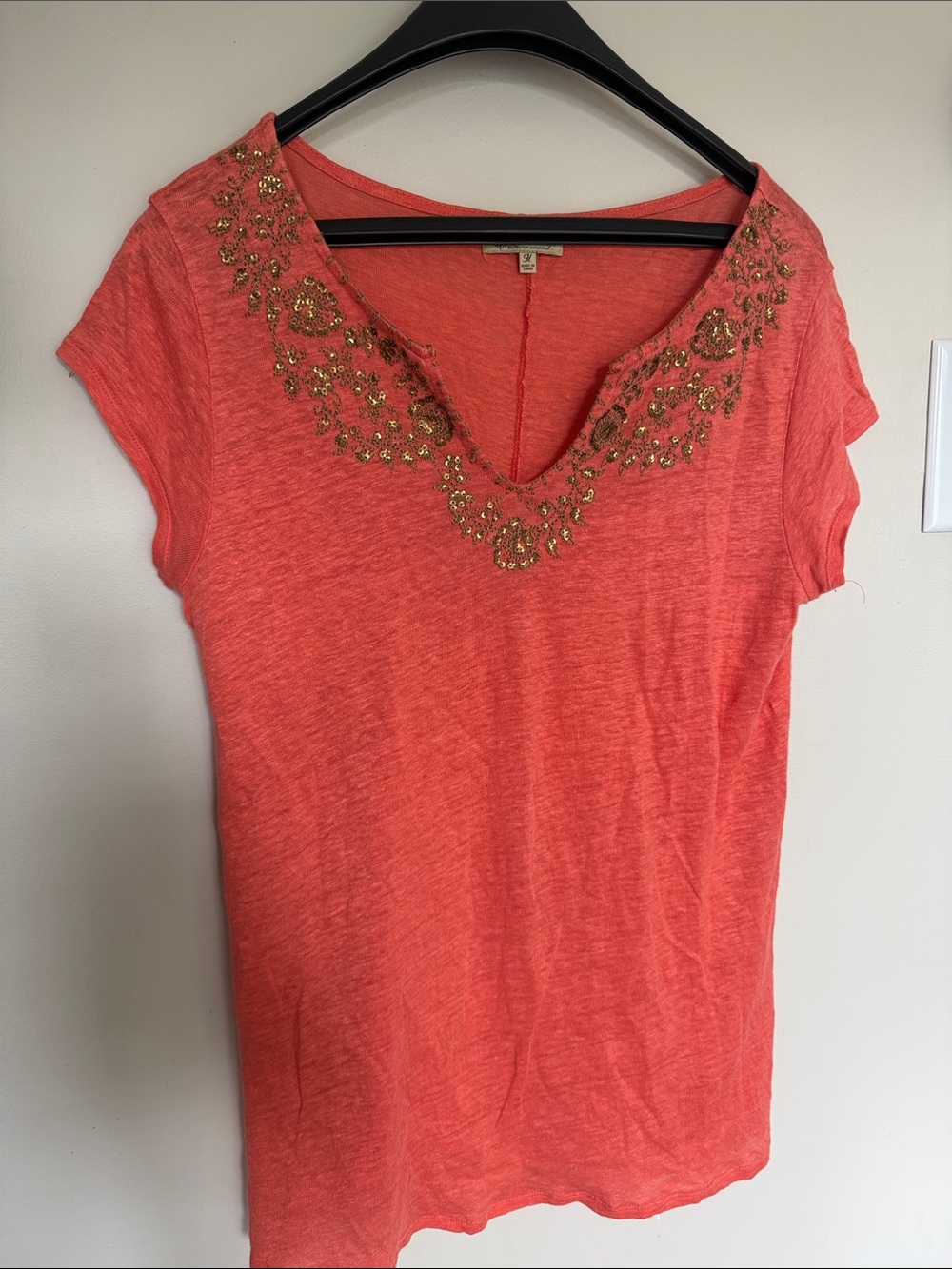 Democracy Embellished Coral V-Neck Women's Top